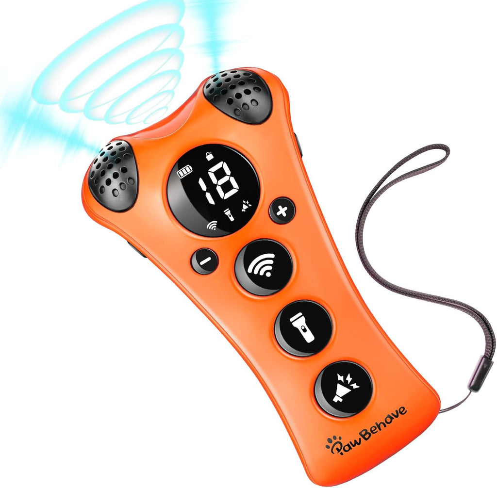 Revolutionary Adjustable Ultrasonic Dog Trainer - Humane 10-Level Sound & 18 Whistles with Anti-Bark Flashlight (Orange)